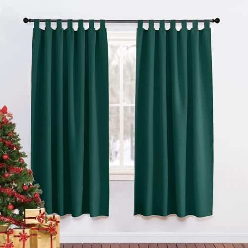 PONY DANCE Schlaufengardinen Wohnzimmer Modern - Kinderzimmer Gardinen Dunkelgrün Thermovorhang gegen Kälte und Hitze Verdunklungsvorhänge mit Schlaufen, 2er Set H 175 x B 140 cm