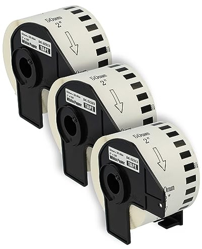 vhbw 3x Etiketten-Rolle mit Halter 50mm x 30,48m (1 Etikette) kompatibel mit Brother PT QL-580N, QL-580 Etiketten-Drucker - Premium Weiß