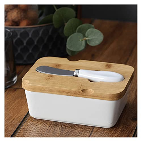 MORYEN Butterdose Große Butterdose, luftdichter Butterbehälter, Butterbehälter aus Porzellan mit Bambusdeckel und Buttermesser, weißer Butterbehälter Tabletts