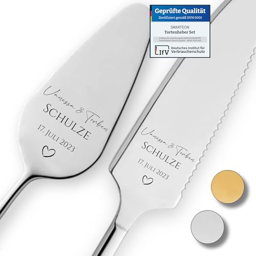 SMARTEON Let's Eat Cake Cake-Server Set mit Tortenmesser und Personalisierter Gravur – Hochzeitsgeschenke für Brautpaar, Geburtstag, Jubiläum, Geschenkidee für Paare – Silber Set in Geschenkbox