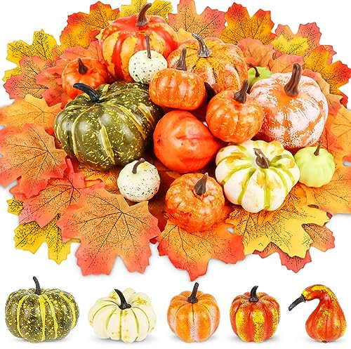 JIASHA Mini Citrouille Décoration Automne, 44 Pièces Decoration Automne Citrouilles Artificielles, avec Feuilles d'érable, pour Automne Thanksgiving Décoration (B)