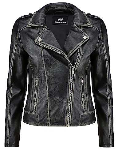 Jild Biker Style Vintage Leather Jacket Women - Casual Fashion Motorcycle Zip-Up Lightweight Coat Collar Women Leather Jacket (Distressed-XL)