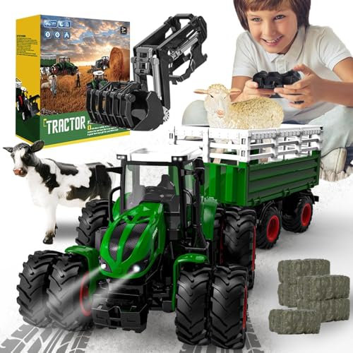 Traktor Spielzeug ab 3 Jahre, Ferngesteuerter Traktor Ferngesteuert mit anhänger, 2.4 GHz RC Trecker Spielzeug mit Fernbedienung, Kuh und Schaf, Geschenk ab 3 4 6 Jahre