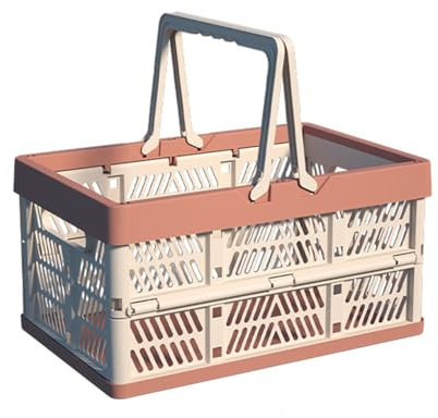 VIGAER Foldable Handle Storage Crate Bin - 20L Collapsible Plastic Crate Stacking Storage Basket - Pink & Rose M