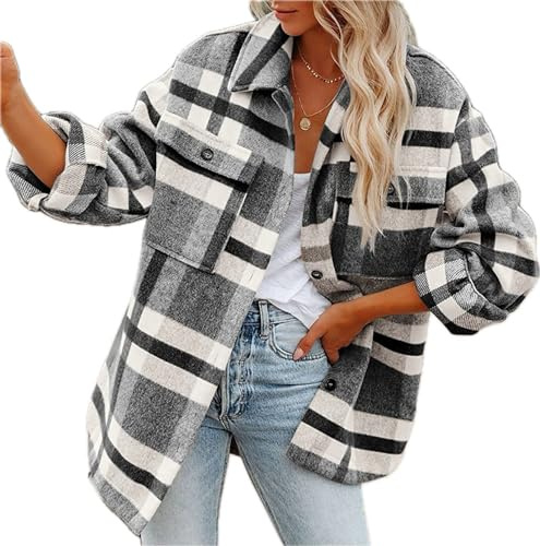 LEKOPUR Rutiga flanellskjortor för kvinnor långärmad shacket kvinnor rutig skjorta blusar vardagliga toppar cardigan höst vinter jacka kappa, Svart, XXL
