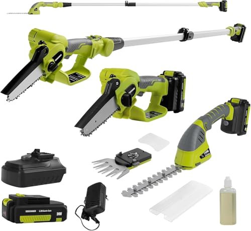 DEWINNER Tagliasiepi 3 in 1 Telescopico A Batteria - Motosega Elettrica Con Interruttore di Sicurezza, Portata Fino A 2,54 metri, Lame Da 240 mm e 120 mm, Testa Regolabile A 135°