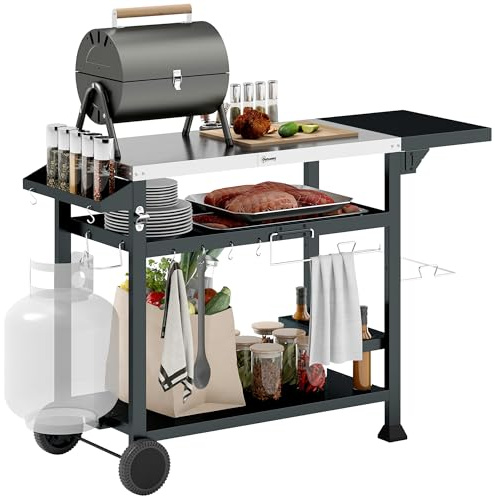 Outsunny Chariot desserte pour Barbecue plancha avec Plateau en INOX, Multi-équipements, 6 Crochets, Tablette Rabattable, 3 étages, 2 roulettes