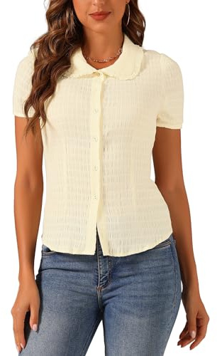 Allegra K Women's Sweet Peter Pan Collar Button Up Soft Short Sleeve Shirt Cream S