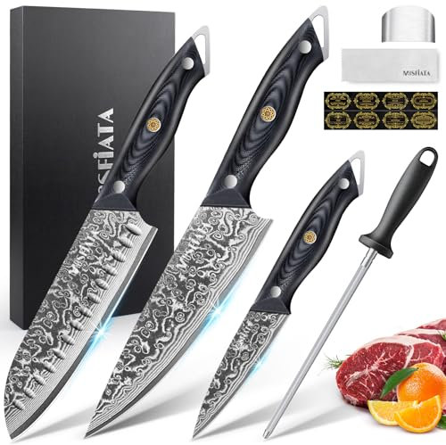 MOSFiATA Damascus Chef Knives Set 3PCS, Professional Ultra Sharp Chef's Knives with 67-Layer Damascus Steel VG-10 Blade and Ergonomic G10 Handle, Knife Sharpener Rod Kitchen Cooking Knife Gift Box