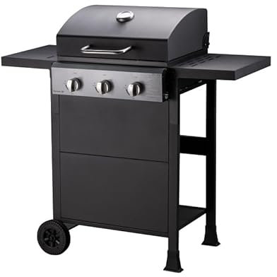 COOKING BOX - Barbecue gaz sur chariot 3 feux - 3 brûleurs - Surface de cuisson en acier émaillée 49 x 39 cm - tablettes rabattables, 2 roues - Noir