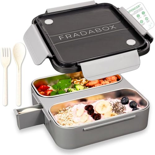 FRADABOX® Bento Lunchbox „Spencer“, 2 Fächer mit Besteck, Premium Edelstahl, BPA-freie Brotdose ideal für unterwegs, Meal Prep Bento Box für Erwachsene und Kinder auslaufsicher und mikrowellengeeignet