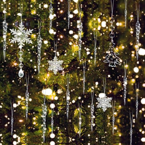Kinwers Kinwers 24 Stück Glitzernde Acryl Schneeflocken Eiszapfen - Weihnachtsbaum Deko Set mit Haken, Kristallklar Transparenter Christbaumschmuck für Weihnachtsfest