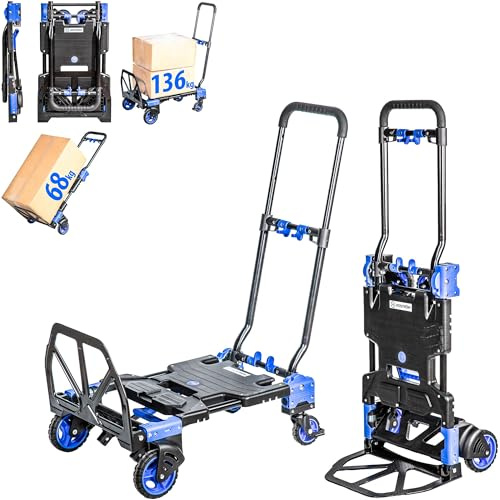 HOSTRÖM 2-en-1, Chariot à roulettes et Diable Pliant, Chariot Pliable Max 136kg, Diable Demenagement Max 68kg, Roues pivotantes 360°, Garantie 5 Ans