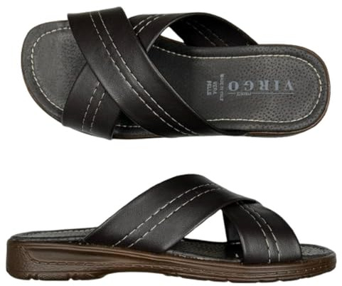 VIRGO FIRENZE Ciabatte Uomo Classiche Pantofole Aperte a Fasce Incrociate Made in Italy Plantare Vera Pelle, Moro, 42
