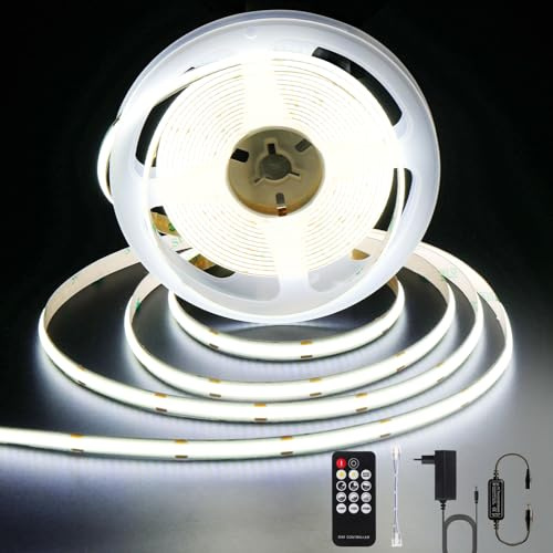 ANTENLICHT Striscia LED COB 5M Bianco Freddo 6000K 36W, Strip LED Dimmerabile con Telecomando, CRI90+, 24V Larghezza 8mm, Striscia LED Adesivo Tagliabile