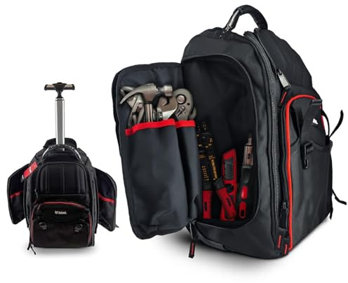 Bobcat Tool Organizer Backpack, EVA Hard Pocket, Large Capacity Storage for Electricians & Technicians, Heavy Duty Mobile Tool Bag (Black/Red Rolling tool Bag)