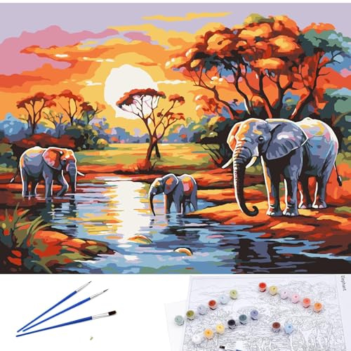 EXERZ Rolled Up Canvas Paint by Numbers Kits 30x40cm Landscape Elephant | 20 Colours, 2 Brushes, Compact Gift Box – Ideal Travel Art Set for Kids & Adults, Beginners & Artists