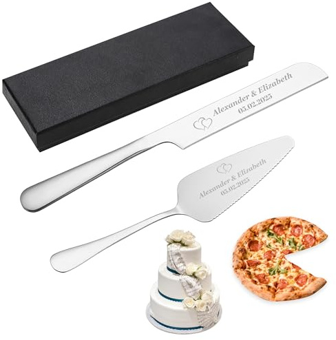 Personalized Custom Engraved Stainless Steel Cake Knife Set Gift Box for Weddings, Birthdays, Anniversaries, Multi-Color and Multi-Occasion Applications (Silver)