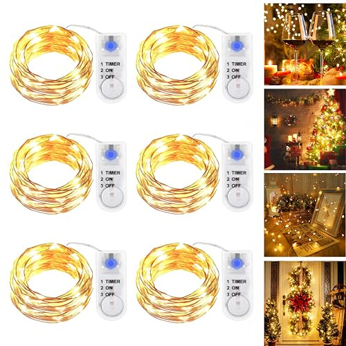 6 Stück LED Lichterkette Batterie mit Timer, 2M 20er LED Kupfer Drahtlichterkette Lichterkette Batteriebetrieben IP65 Wasserfest Fairy Light für Party Weihnachten Hochzeit Beleuchtung Deko