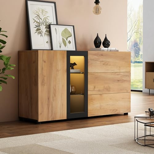 FammyLoft Modern Sideboard for Living Room, Wooden Storage Cabinet with 1 Door and 3 Drawers, Storage Units with Glass for Living Room, Entryway, Hallway, 140 x 40 x 80 cm, Brown and Black