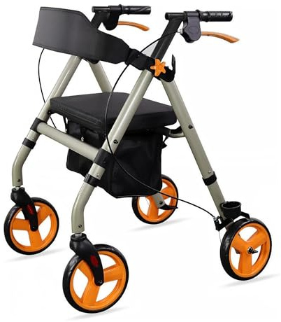 SPES Rollator Deambulatore in Acciaio Robusto (9 kg) - Ausilio Pieghevole Silver con Seduta Imbottita e Grandi Ruote Stabili (20 cm) - Freni Sicuri, Cestino e Porta Bastone (Portata 136 kg)