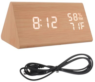 Holibanna Reloj Despertador de Madera con Pantalla LED Control por Sonido Función de Alarma Múltiple Indicador de Temperatura y Fecha para Mesa de Noche
