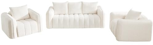 Corduroy Boneless Living Room Sets, Modern Upholstered 3 Seater Sofa with 2 Signle Accent Chairs, Comfy Deep Seat Cloud Sofa Couch Sets for Living Room, White