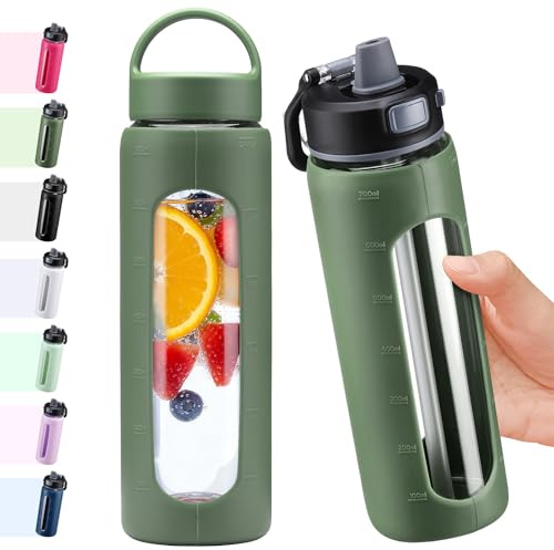 BLUEGO 700ml Bouteille d'eau verre avec 2 couvercles-Couvercle à verrouillage par simple pression et poignée Gourde réutilisable avec marquage du temps Pour voyages Maison Sport Sans BPA, Olive