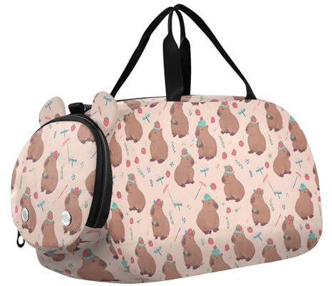 Duffelväska för barn, övernattning, weekendväska, handbagage, gymväska med skofack, sportskola, capybara jordgubbsmönster