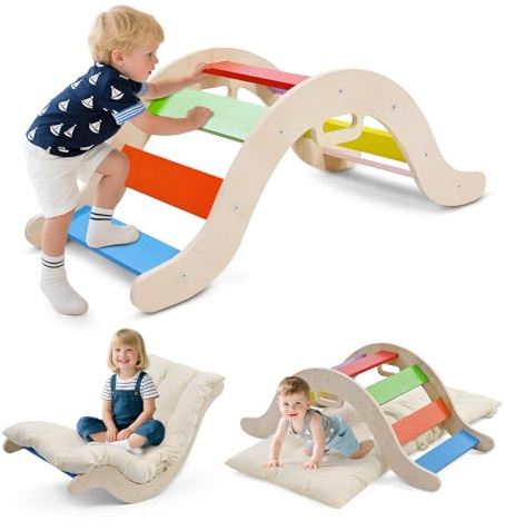 2 in 1 Arco da Arrampicata con braccioli, Arrampicata bambini in legno con cuscino, legno naturale, tappetino per i piedi antiscivolo, rinforzi delle staffe, Arco Montessori per bebè 1-6 anni