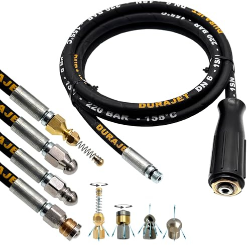 M&M Smartek Rohrreinigungsschlauch 20m M22 IG, 4 Düsen, 220 bar | DURAJET DN6 mit Drahteinlage, M22x1,5 IG und 4 Düsen: 4-/6-Loch, Rotor und Spirale; bis 220 bar und 155 °C belastbar.