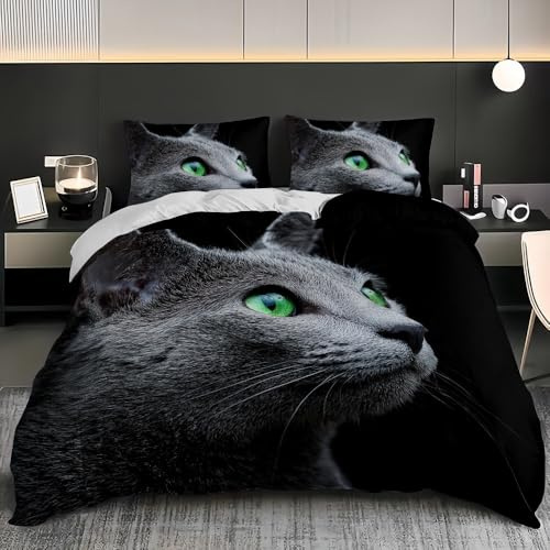 Bettwäsche Set Tier Russisch Blau Katze Nahaufnahme 3 teilig mit 2 Kissenbezug Blau Bettbezug 135x200cm für Erwachsene Kinder, Mikrofaser Bettwäsche Atmungsaktiv Weich Bügelfrei mit Reißverschluss