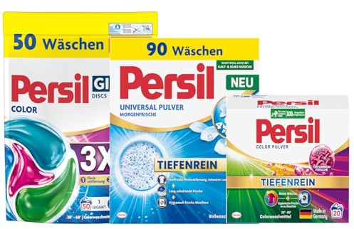 PERSIL Universal Pulver Morgenfrische 90 WL 4,95 kg + Pulver Color 20 WL 1,26 kg + Color Gigant Discs 50 WL 1,25 kg – Waschmittel Kombination für bunte Wäsche