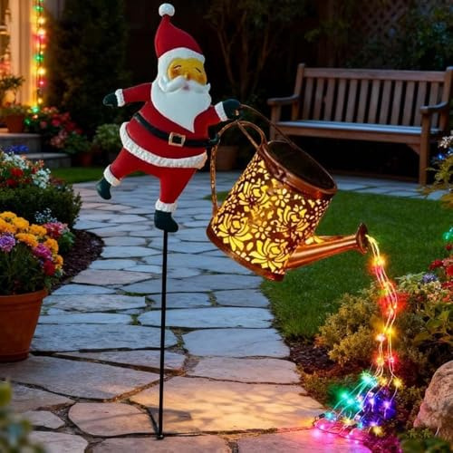 Lampe solaire en forme de Père Noël avec arrosoir, lampe décorative solaire en forme de Père Noël, étanchéité IP65, lumière LED vintage en métal, lumières décoratives de Noël pour extérieur, allée
