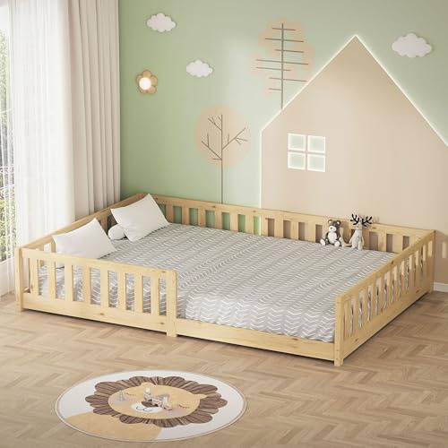 ML-Design Kinderbett 140x200 cm, Natur, Bodenbett für Kinder mit Lattenrost und Rausfallschutz, Jugendbett aus massivem Kiefernholz, Bettgestell für Jungen und Mädchen, Holzbett Babybett Doppelbett
