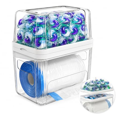 Onemake 3-in-1 Laundry Pod Container with Trash Bag Holder for Kitchen | Detachable Under-Sink Organizer, Laundry Pod Storage Container, Trash Bag Dispenser for Kitchen, Bathroom , Plastic, Clear