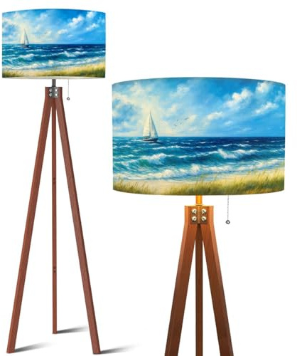 Wood Tripod Floor Lamp Blue Abstract Sailboat Coastal Nautical Teal Ocean Seascape Waves Sky Mid Century Standing Lamp Linen Shade Dimmable Modern Tall lamp Home Decor for Living Room Bedroom Office