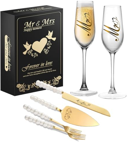 PIPITA Champagne Glasses Wedding Cake Knife and Sever, Champagne Flutes and Cakes Knife Server Set, Cake Cutting Set for Wedding, Engagement Gfits for Couples (Gold-White)