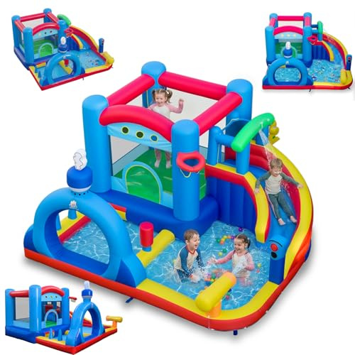 COSTWAY Château Gonflable avec Toboggan et Maison de Saut, Aire de Jeux Gonflable avec Pataugeoire et Panier de Basket, Canon à Eau, 50 Balles Océaniques, Intérieur Extérieur pour 3-12 Ans
