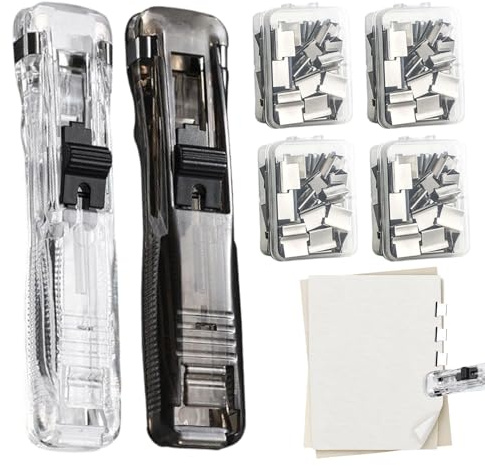 Clip Stapler - Portable Handheld Compact Stapling Tool with 200 Reusable Clips, Paper Crimper Stapler for Children Home Arts Office School Classroom Desk Document Papers