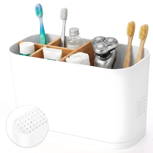 VINATO Zahnbürstenhalter mit Abflusslöchern 5 Fächer Zahnbürsten Halter mit Bambus Trennwände Abnehmbarer Badezimmer Organizer Plastic Toothbrush Holder Elektrische Zahnbürstenhalter für Badezimmer