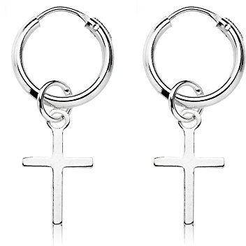EMPATHY JEWELS - Pendientes Aro de 14 mm con Cruz, hechos en Plata de Ley 925 para hombre y mujer