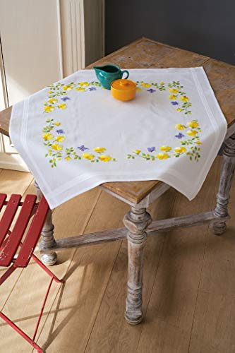 Vervaco Stickpackung Tischdecke Sticken Set Erwachsene Vorgedruckt Frühlingsblumen Stickdecken Vorgezeichnet Decke Sticken Stickpackung Plattstich 80 x 80 cm Stoff zum Sticken Kreatives Geschenk