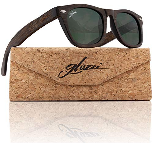 glozzi Occhiali da Sole Legno di Bambù per Uomo e Donna con Lenti Riflettenti e Polarizzate UV400 di Categoria 3 e Custodia in Sughero - Marrone