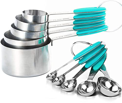 Measuring Cups and Spoons Set of 10 Pieces, Stainless Steel Measuring Utensils with BPA-Free Silicone Grips, Metal Scale Tools for Cooking Baking,Dishwasher-Safe,Teal