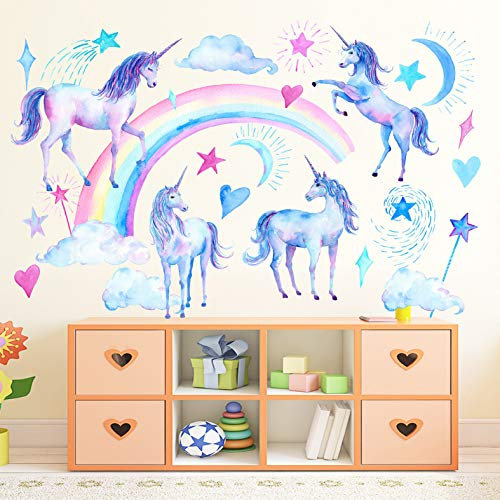 WandSticker4U®- [Aquafarben] Wandtattoo EINHORN REGENBOGEN (105x90 cm) I Wandsticker Kinderzimmer Mädchen Einhorn Regenbogen Sterne I Wandaufkleber Kinderzimmer Deko Mädchen Babyzimmer Prinzessin
