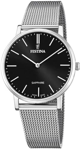 Festina Swiss Made Herrenuhr Analog aus Edelstahl 316l Silberfarben | Quarzwerk, Widerstandsfähiges Saphirglas, Wasserdicht 5 ATM F20014/3 Classic Steel