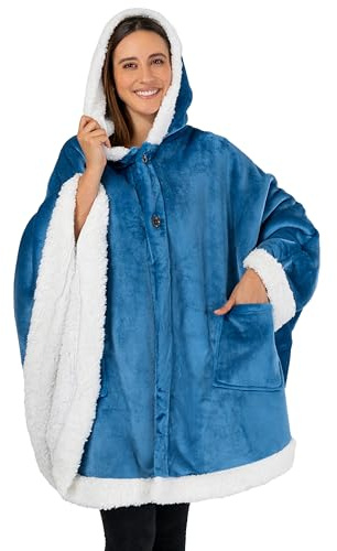 PAVILIA Sherpa Fleece Wearable Blanket for Adult Women, Cozy Plush Blanket Poncho Cape with Hood, Super Soft Shawl, Angel Wrap Throw for Office, Turquoise Sea Blue