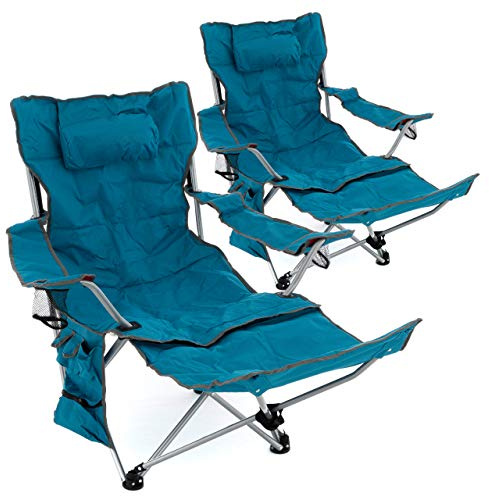 2er Set Campingstuhl Luxus Campingliege gepolstert abnehmbare Fußstütze verstellbar Armlehnen 2 Getränkehalter Kopfkissen 100 kg Polyester Stahlgestell faltbar blau schwarz Farbe wählbar (Blau)
