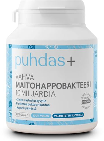 puhdas+ Probiotika 10 Milliarden KBE + Zink | 75 vegane Kapseln | Milchsäurebakterien Komplex mit 4 Bakterienstämmen | Darmflora Kapseln | Hergestellt in Finnland
